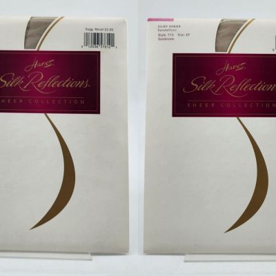 x2 Hanes Silk Reflection Silky Sheer Sandalfoot Pantyhose Style 715 Sandstone EF